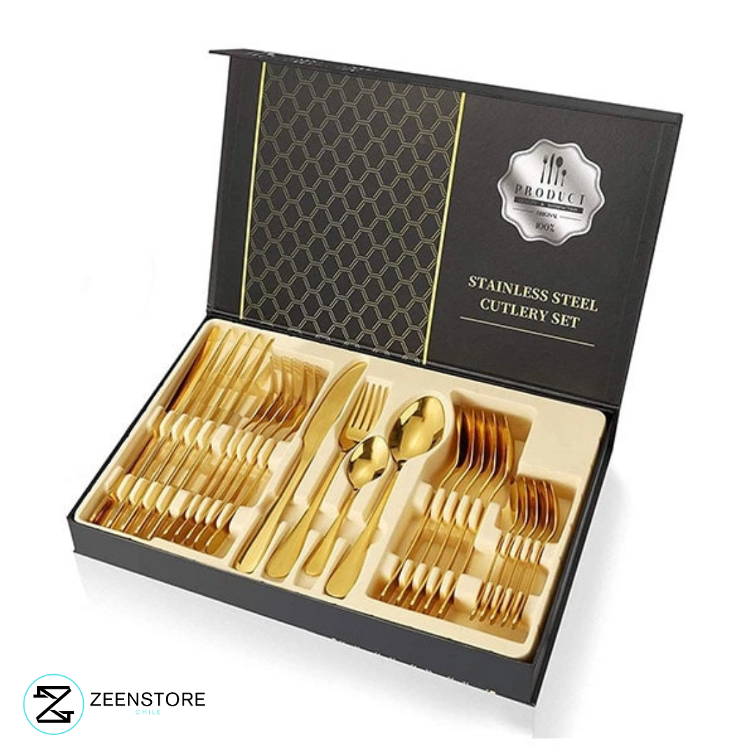 GoldenKitchen: Set de Cubiertos Dorados 24 Piezas Premium Acero Inoxidable+ Caja Regalo + Envío Gratis