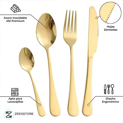 GoldenKitchen: Set de Cubiertos Dorados 24 Piezas Premium Acero Inoxidable+ Caja Regalo + Envío Gratis