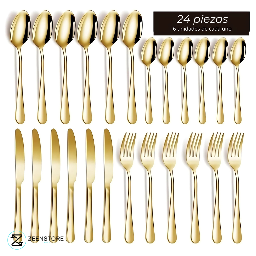 GoldenKitchen: Set de Cubiertos Dorados 24 Piezas Premium Acero Inoxidable+ Caja Regalo + Envío Gratis