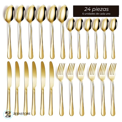 GoldenKitchen: Set de Cubiertos Dorados 24 Piezas Premium Acero Inoxidable+ Caja Regalo + Envío Gratis