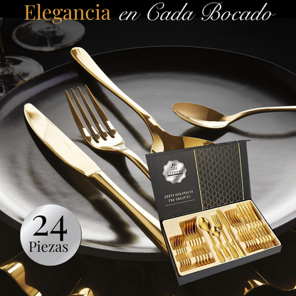 GoldenKitchen: Set de Cubiertos Dorados 24 Piezas Premium Acero Inoxidable+ Caja Regalo + Envío Gratis