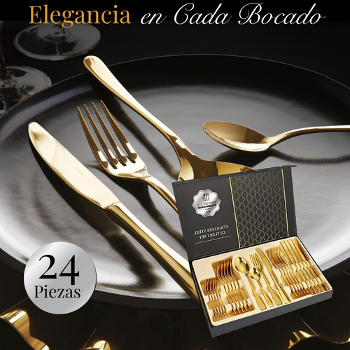 GoldenKitchen: Set de Cubiertos Dorados 24 Piezas Premium Acero Inoxidable+ Caja Regalo + Envío Gratis